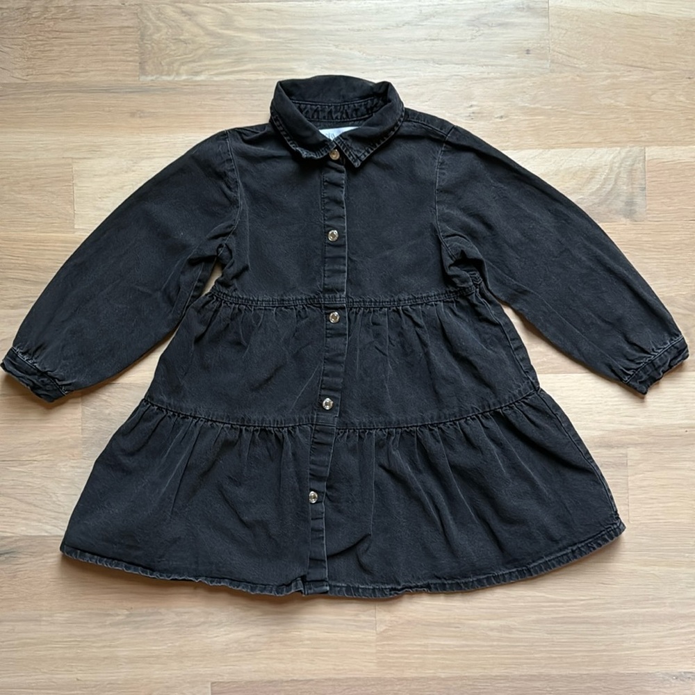 Girls’ Zara Black Denim Tiered Shirt Dress - Size 3-4 yrs